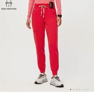 Figs neon red high waisted joggers!
